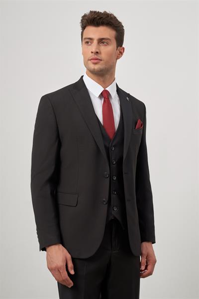 Siyah Düz Kılıç Yaka Çift Yırtmaç 2 Düğme Yelekli 6 Drop Slim Fit Classic Takım Elbise 1001245151