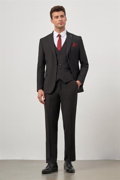 Siyah Düz Kılıç Yaka Çift Yırtmaç 2 Düğme Yelekli 6 Drop Slim Fit Classic Takım Elbise 1001245151