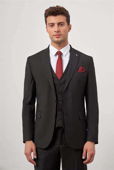 Siyah Düz Kılıç Yaka Çift Yırtmaç 2 Düğme Yelekli 6 Drop Slim Fit Classic Takım Elbise 1001245151