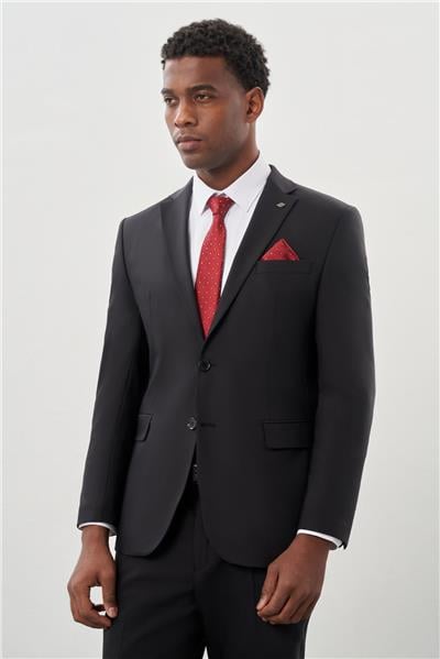 Siyah Düz Mono Yaka Yünlü 6 Drop Comfort Fit Classic Takım Elbise 1001245180