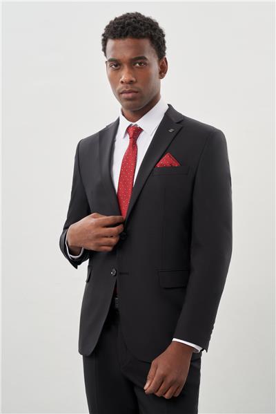 Siyah Düz Mono Yaka Yünlü 6 Drop Comfort Fit Classic Takım Elbise 1001245180