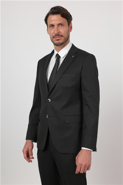 Siyah Düz Desen Mono Yaka 6 Drop Comfort Fit Esnek Takım Elbise 1001260167