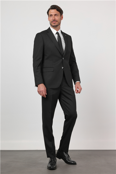 Siyah Düz Desen Mono Yaka 6 Drop Comfort Fit Esnek Takım Elbise 1001260167