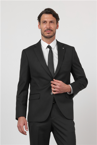 Siyah Düz Desen Mono Yaka 6 Drop Comfort Fit Esnek Takım Elbise 1001260167