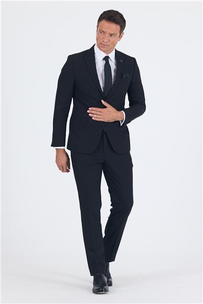 Siyah Düz Gabardin Kılıç Yaka 2 Düğme Pamuklu 6 Drop Slim Fit Basic Takım Elbise 1001250011_001