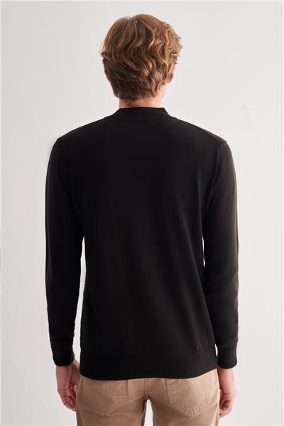 Siyah Fermuarlı Dik Yaka Uzun Kol Cepsiz Comfort Fit Classic Pamuklu Triko Kazak 1012255201