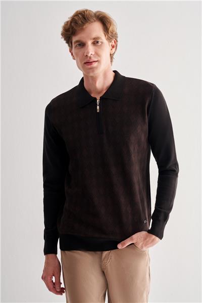 Siyah Fermuarlı Polo Yaka Uzun Kol Cepsiz Comfort Fit Pamuklu Triko Kazak 1012255223