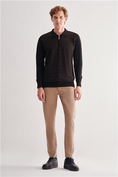 Siyah Fermuarlı Polo Yaka Uzun Kol Cepsiz Comfort Fit Pamuklu Triko Kazak 1012255223