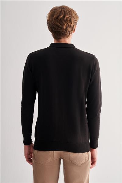 Siyah Fermuarlı Polo Yaka Uzun Kol Cepsiz Comfort Fit Pamuklu Triko Kazak 1012255223