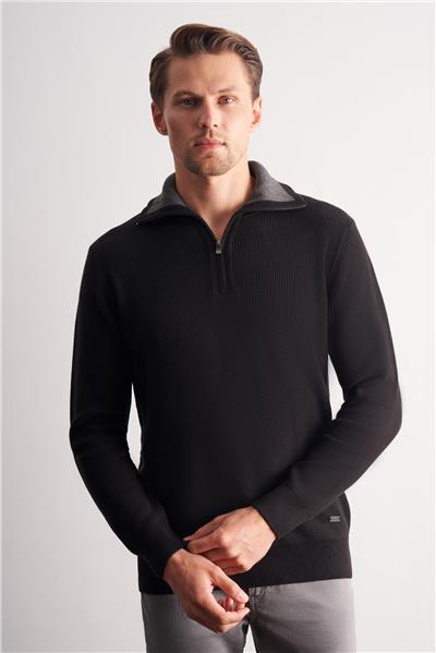 Siyah Fermuarlı Yarım Balıkçı Uzun Kol Cepsiz Comfort Fit Casual Pamuklu Triko Kazak 1012255204