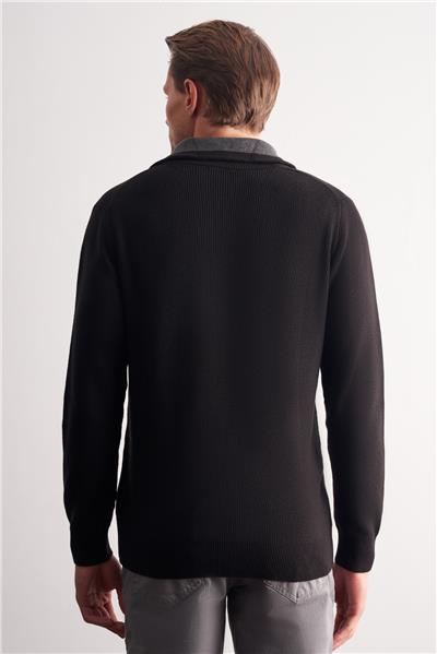 Siyah Fermuarlı Yarım Balıkçı Uzun Kol Cepsiz Comfort Fit Casual Pamuklu Triko Kazak 1012255204