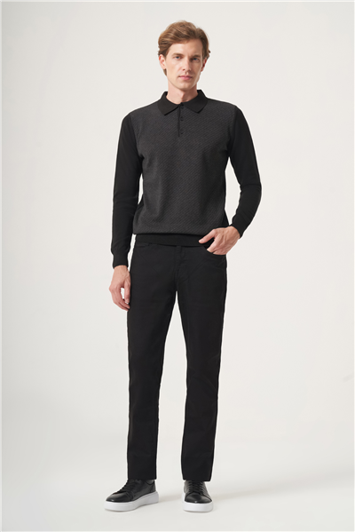 Siyah-Füme Polo Yaka Uzun Kol Örme Comfort Fit Pamuklu Kazak 1012265153