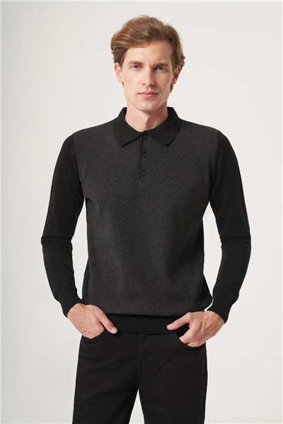 Siyah-Füme Polo Yaka Uzun Kol Örme Comfort Fit Pamuklu Kazak 1012265153