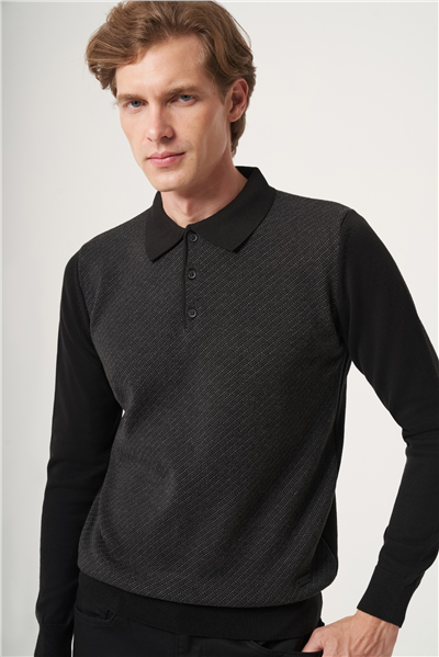 Siyah-Füme Polo Yaka Uzun Kol Örme Comfort Fit Pamuklu Kazak 1012265153