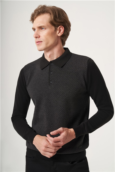 Siyah-Füme Polo Yaka Uzun Kol Örme Comfort Fit Pamuklu Kazak 1012265153