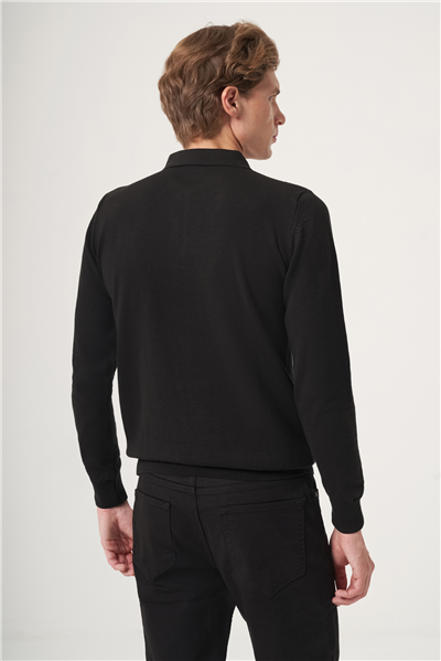 Siyah-Füme Polo Yaka Uzun Kol Örme Comfort Fit Pamuklu Kazak 1012265153
