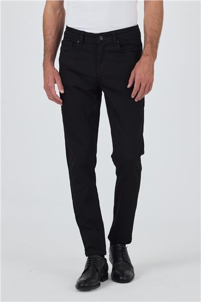 Siyah Gabardin 5 Cep Düz Paça Casual Slim Fit Pamuklu Denim Pantolon