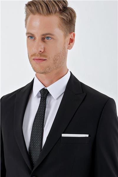 Siyah Gabardin Kırlangıç Yaka 6 Drop Slim Fit Dar Kesim Basic Takım Elbise 1001240011