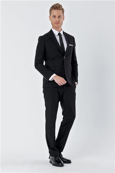 Siyah Gabardin Kırlangıç Yaka 6 Drop Slim Fit Dar Kesim Basic Takım Elbise 1001240011