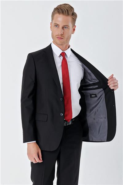 Siyah Gabardin Mono Yaka 6 Drop Comfort Fit Rahat Kesim Basic Takım Elbise 1001240010