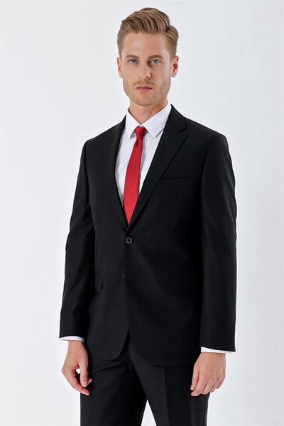 Siyah Gabardin Mono Yaka 8 Drop Slim Fit Dar Kesim Basic Takım Elbise 1001240006