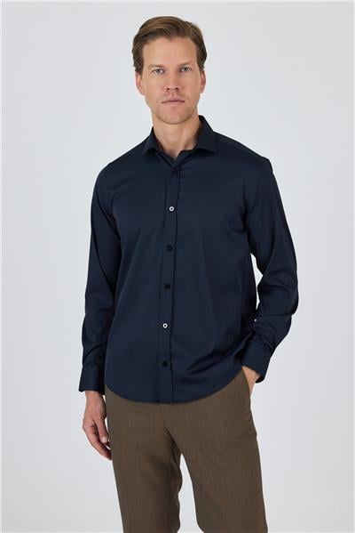 Siyah Yarım İtalyan Yaka Cepsiz Gabardin Uzun Kol Slim Fit Esnek Gömlek 1004250235