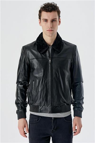 Siyah Gömlek Yaka Hakiki Deri Comfort Fit Rahat Kesim Casual Mont 1038235208