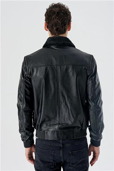 Siyah Gömlek Yaka Hakiki Deri Comfort Fit Rahat Kesim Casual Mont 1038235208