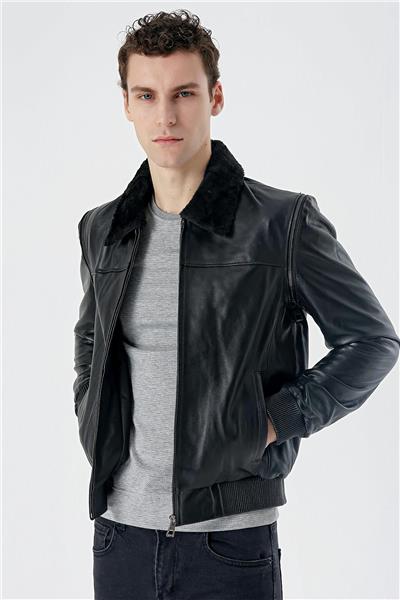 Siyah Gömlek Yaka Hakiki Deri Comfort Fit Rahat Kesim Casual Mont 1038235208