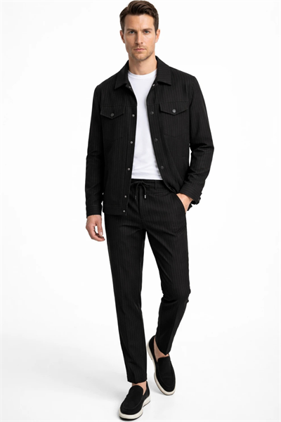 Siyah-Gri Berberi Yaka Çizgili 6 Drop Slim Fit Tam Astar Esnek Takım Elbise 1001260176