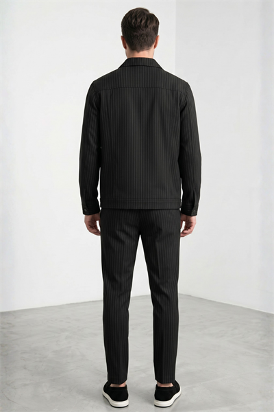 Siyah-Gri Berberi Yaka Çizgili 6 Drop Slim Fit Tam Astar Esnek Takım Elbise 1001260176