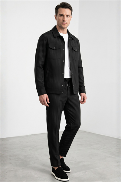 Siyah-Gri Berberi Yaka Çizgili 6 Drop Slim Fit Tam Astar Esnek Takım Elbise 1001260176