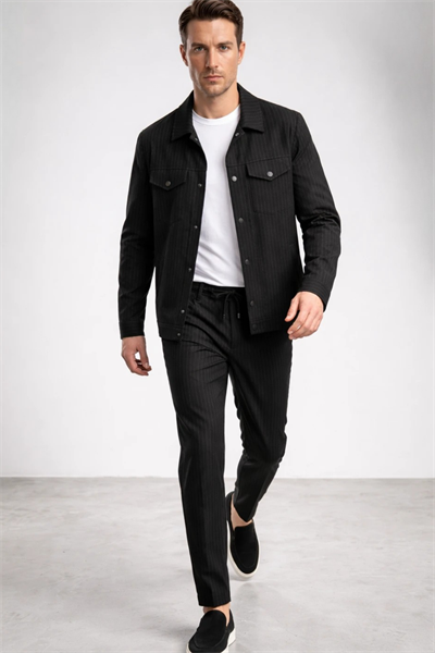 Siyah-Gri Berberi Yaka Çizgili 6 Drop Slim Fit Tam Astar Esnek Takım Elbise 1001260176