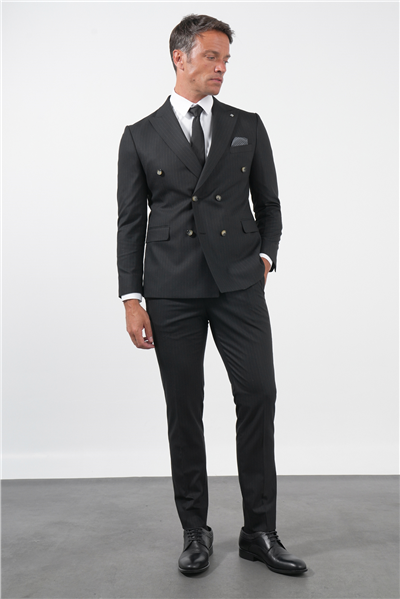 Siyah-Gri Kırlangıç Yaka Kruvaze 6 Drop Slim Fit Tam Astar Esnek Takım Elbise 1001260173