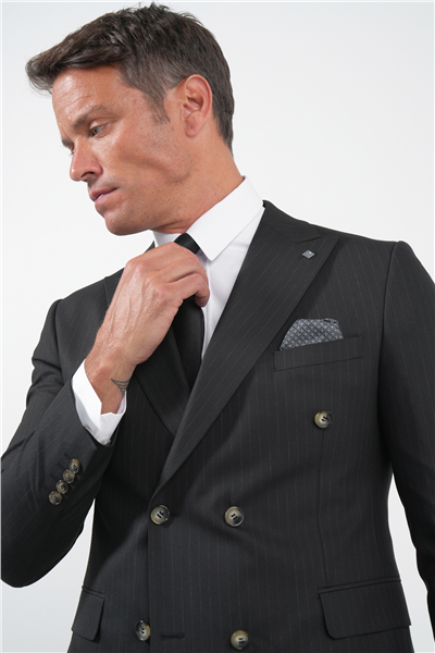 Siyah-Gri Kırlangıç Yaka Kruvaze 6 Drop Slim Fit Tam Astar Esnek Takım Elbise 1001260173