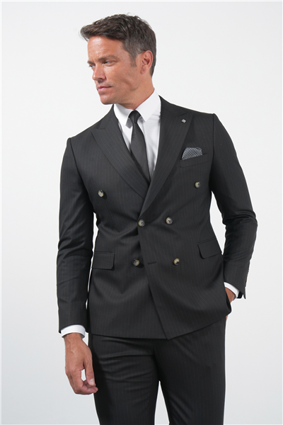 Siyah-Gri Kırlangıç Yaka Kruvaze 6 Drop Slim Fit Tam Astar Esnek Takım Elbise 1001260173