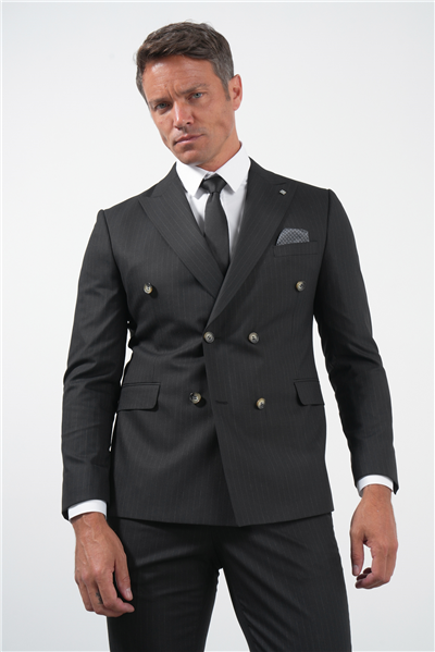 Siyah-Gri Kırlangıç Yaka Kruvaze 6 Drop Slim Fit Tam Astar Esnek Takım Elbise 1001260173