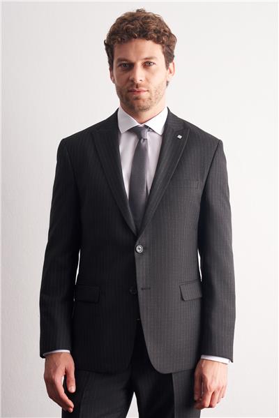 Siyah - Gri Kırlangıç Yaka Çizgili Desen Esnek 6 Drop Slim Fit Classic Takım Elbise 1001255161