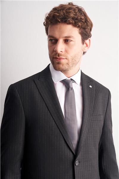 Siyah - Gri Kırlangıç Yaka Çizgili Desen Esnek 6 Drop Slim Fit Classic Takım Elbise 1001255161