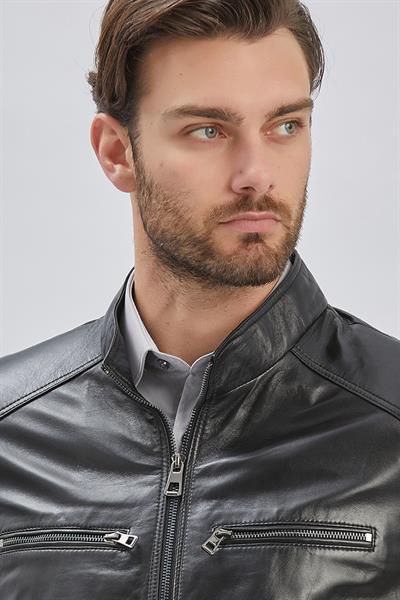 Siyah Hakiki Deri Dik Yaka Astarlı Slim Fit Dar Kesim Casual Deri Mont 1038235155