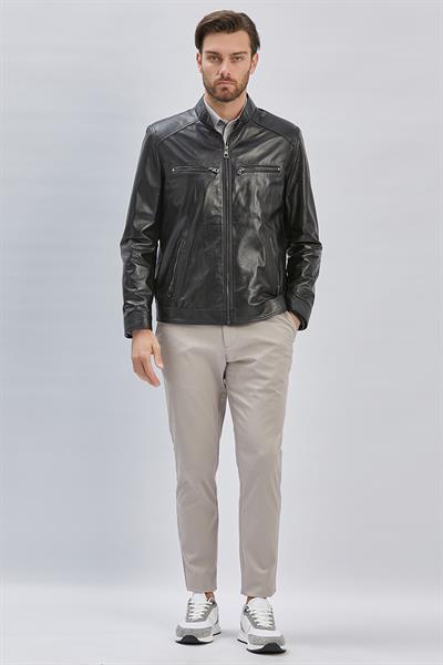 Siyah Hakiki Deri Dik Yaka Astarlı Slim Fit Dar Kesim Casual Deri Mont 1038235155
