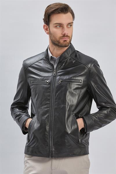 Siyah Hakiki Deri Dik Yaka Astarlı Slim Fit Dar Kesim Casual Deri Mont 1038235155