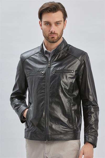Siyah Hakiki Deri Dik Yaka Astarlı Slim Fit Dar Kesim Casual Deri Mont 1038235155