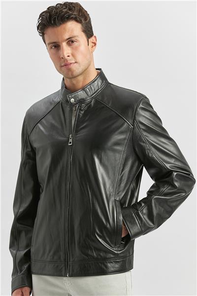 Siyah Hakiki Deri Dik Yaka Astarlı Slim Fit Dar Kesim Casual Deri Mont 1038235153