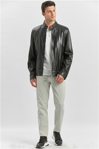 Siyah Hakiki Deri Dik Yaka Astarlı Slim Fit Dar Kesim Casual Deri Mont 1038235153