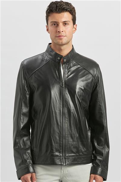 Siyah Hakiki Deri Dik Yaka Astarlı Slim Fit Dar Kesim Casual Deri Mont 1038235153
