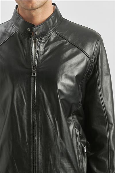 Siyah Hakiki Deri Dik Yaka Astarlı Slim Fit Dar Kesim Casual Deri Mont 1038235153