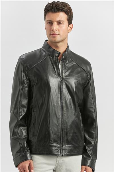Siyah Hakiki Deri Dik Yaka Astarlı Slim Fit Dar Kesim Casual Deri Mont 1038235153