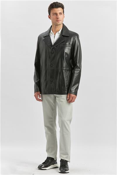 Siyah Hakiki Deri Kırlangıç Yaka Astarlı Slim Fit Dar Kesim Casual Deri Mont 1038235152
