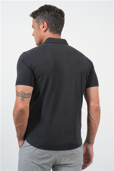 Siyah İtalyan Yaka Kısa Kol Cepsiz Slim Fit Esnek Gömlek 1004260159